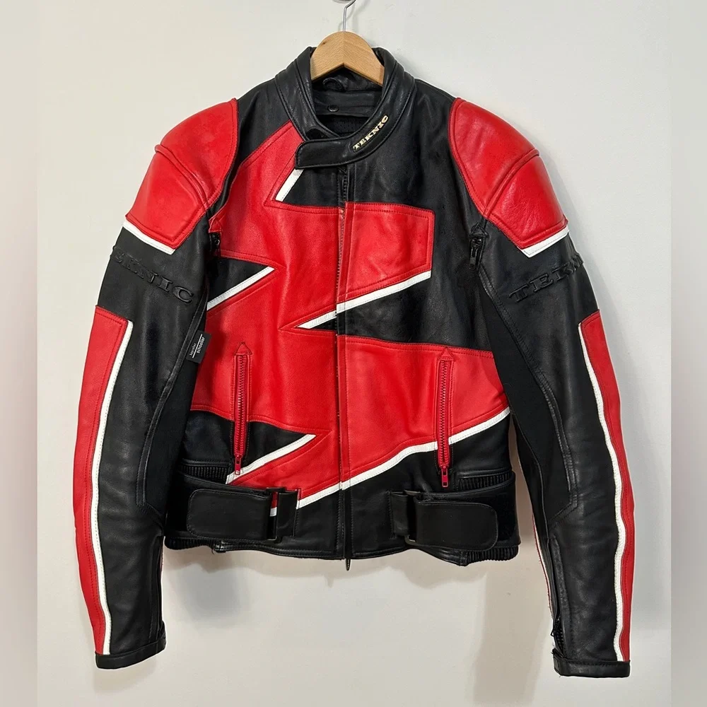 Red & Black Zigzag Lightening Strike Genuine Leather Motorcycle Jacket - Picture 3 of 12